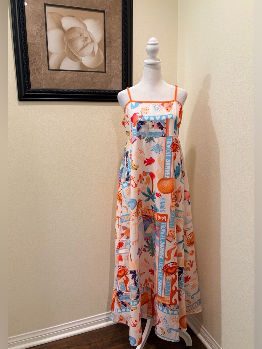 Rosa Clothing Orange Tropical/
Seashell/ Islands Print Maxi Sundress size L NWT - Picture 3 of 4
